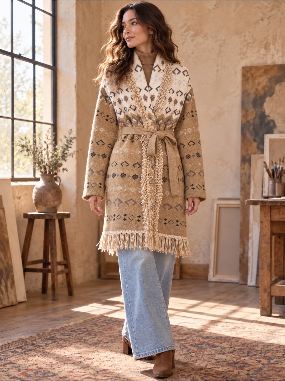 Lucky Brand Southwestern Fringe Belted Sweater Coat Tan Cream Boho Cowgirl S/P